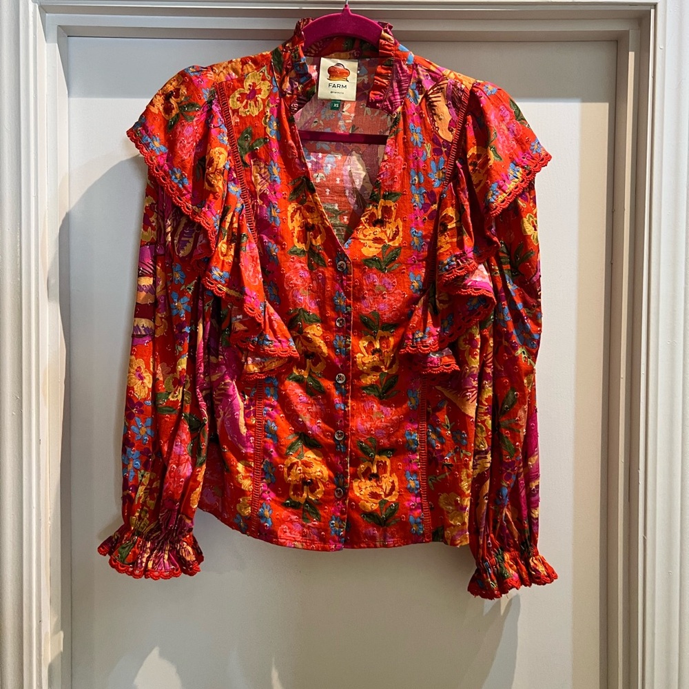 FARM Rio Spring Red Banana Blouse Ruffle-Trim Size XS